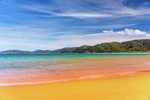 Azure Prints: Golden Orange Beach and Turquoise Sea Under Blue Sky at Abel Tasman National Park
