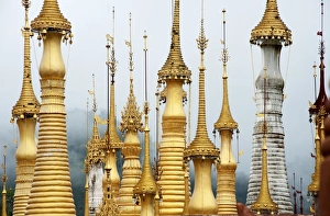 Shan State Prints: Golden pagodas at the Nyaung Oak monastery in Indein