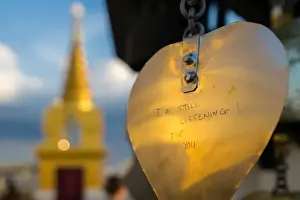 Thai Culture Prints: Golden prayer flag etching with Buddhist gold stupa in background, Bangkok, Thailand