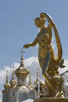 St Petersburg Prints: Golden statue and fountains of the Grand Cascade at Peterhof Palace