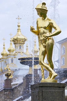Golden statue of Hermes (Mercury), Grand Cascade, Peterhof (Petrodvorets), St. Petersburg, Russia, Europe