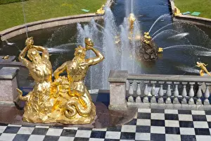 Terrace Prints: Golden statues and fountains of the Grand Cascade at the Peterhof Palace