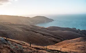 Zealand Prints: Golden sunset illuminates rolling hills above the Pacific Ocean at French Pass in Marlborough Sounds