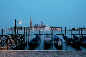 Venetian Prints: Goldolas on the lagoon at twilight with San Giorgio Maggiore in the background in Venice