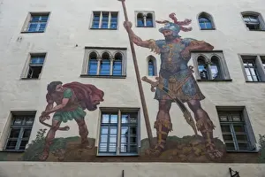 Giant Prints: Goliath House, Regensburg, UNESCO World Heritage Site, Bavaria, Germany, Europe