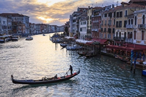 Grand Canal Prints: Gondola on the Grand Canal at sunset in winter, from Rialto Bridge, Venice, UNESCO