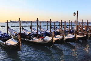 Lined Up Prints: Gondolas covered in snow with view to La Guidecca