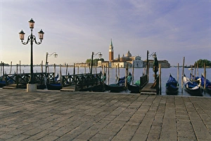 Gondola Prints: Gondolas moored with the island of San Giorgio Maggiore beyond