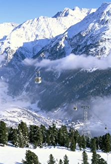 Alps Prints: Gondolas rising above village of Solden in Tirol Alps, Tirol, Austria, Europe