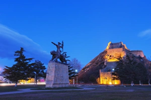 Georgia Prints: Gori Castle and Lomtchabuki statue, Gori, Shida Kartli, Georgia, Caucasus, Central Asia