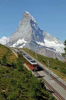 Images Dated 24th August 2009: Gornergrat Railway in front of the Matterhorn, Riffelberg, Zermatt, Valais