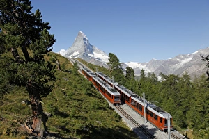 Images Dated 24th August 2009: Gornergrat Railway in front of the Matterhorn, Riffelberg, Zermatt, Valais