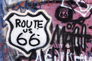 Graffiti Prints: Graffiti covered gas station, Route 66, Amboy, California, United States of America