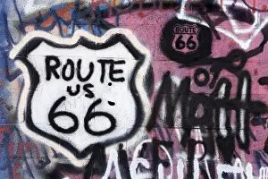 Graffiti covered gas station, Route 66, Amboy, California, United States of America