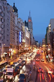 Traffic Collection: The Gran Via at dusk, Madrid, Spain, Europe