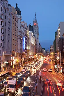 Traditionally Spanish Gallery: The Gran Via at dusk, Madrid, Spain, Europe