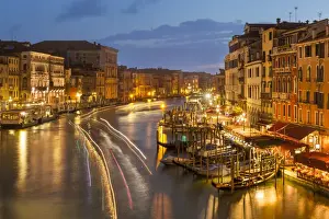 Grand Canal Prints: Grand Canal at night with boat light trails and moored gondolas, on the Fondementa del Vin