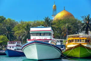 Tropical Climate Prints: Grand Friday Mosque and traditional fishing boats in the capital