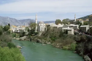Mostar Prints: Grand Mosque (Karadjoz Beg) and River Neretya, Mostar, Bosnia Herzegovina, Europe