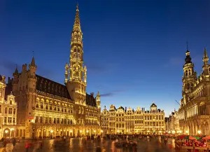 Light Beam Prints: Grand Place and Brussels Hotel de Ville (Town Hall) at night, UNESCO World Heritage Site