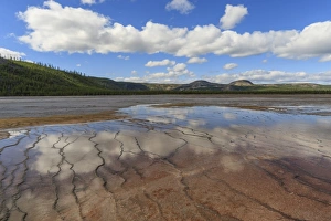 Geyser Prints: Grand Prismatic Spring reflections with Twin Buttes