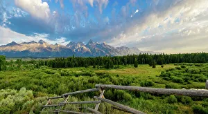 Wood Material Prints: Grand Teton National Park plains and mountains
