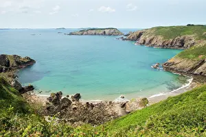 Guernsey Prints: Grande Greve Bay viewed from La CoupÃ©e with the Brecquou island in the background