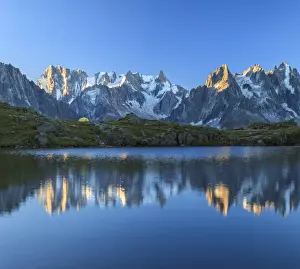 Alpine Scene Prints: Grandes Jorasses and Dent du Geant reflected at sunrise in Lac des Cheserys, Haute Savoie