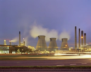 Factories Prints: Grangemouth petro-chemical plant illuminated at dusk, Scotland, United Kingdom, Europe