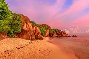 Tropical Climate Prints: Granite boulders on beach, Anse Source d Argent at twilight, La Digue, Seychelles