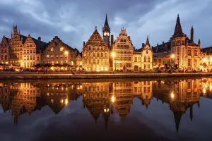 Ghent Prints: Graslei in the historic city of Ghent reflected in Leie river during blue hour, Ghent