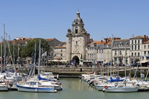 The Great Clock Tower viewed from across Vieux Port, La Rochelle, Charente-Maritime