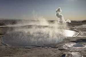 Images Dated 3rd October 2008: The great geyser Geysir, now dormant (2008), with the more active Strokkur geyser erupting in