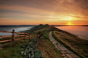 Ethereal Gallery: The Great Ridge with a stunning sunrise, Mam Tor, Edale, Peak District, Derbyshire, England