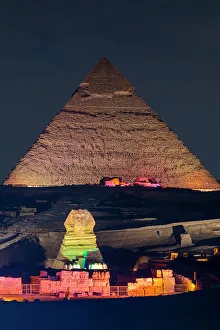 The Great Sphinx of Giza and The Pyramid of Khafre illuminated, UNESCO World Heritage Site, Giza, Egypt, North Africa, Africa