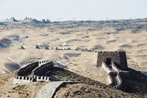 Defence Prints: Great Wall of China at Tengger desert sand dunes in Shapotou near Zhongwei