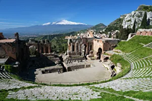 Mount Etna Prints: The Greek Amphitheatre and Mount Etna, Taormina, Sicily, Italy, Europe