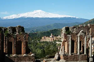 Mount Etna Prints: The Greek Amphitheatre and Mount Etna, Taormina, Sicily, Italy, Europe