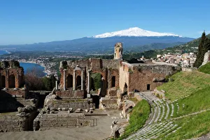 Mount Etna Prints: The Greek Amphitheatre and Mount Etna, Taormina, Sicily, Italy, Europe