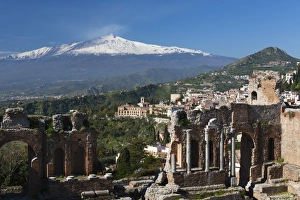 The Greek Amphitheatre and Mount Etna, Taormina, Sicily, Italy, Europe