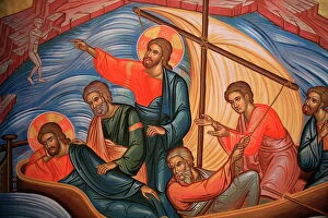 Greek Orthodox icon depicting Jesus, who is shown twice, and his apostles on Lake Tiberias