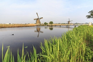 Green grass frames the windmills reflected in the canal, Kinderdijk, Rotterdam, South Holland