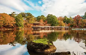 Pavilion Prints: Green moss covered rock centered in a calm reflecting pond with autumnal surroundings