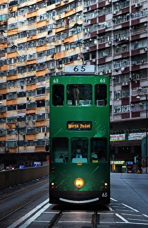 Bustling Prints: Green tram and Nam Tin building, North Point, Hong Kong, China