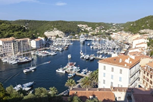 The green vegetation frames the medieval town and harbour, Bonifacio, Corsica, France