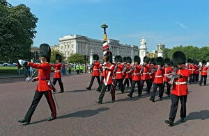 Grenadier Guards march to Wellington Barracks after Changing the Guard ceremony, London, England, United Kingdom