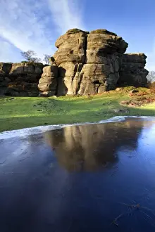 Summerbridge Prints: Gritstone formations at Brimham Rocks reflected in frozen flood water