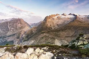 Bernese Alps Prints: Gross Fusshorn, Rotstock and Geisshorn mountains at dawn from Hohfluh lookout, Riederalp
