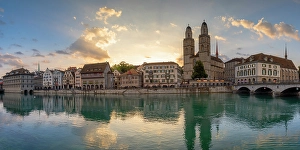 Zurich Prints: Grossmunster and Limmat River at sunrise, Zurich, Switzerland