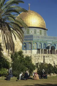 Temple Mount Prints: A group of Arab men sit on the grass on Temple Mount
